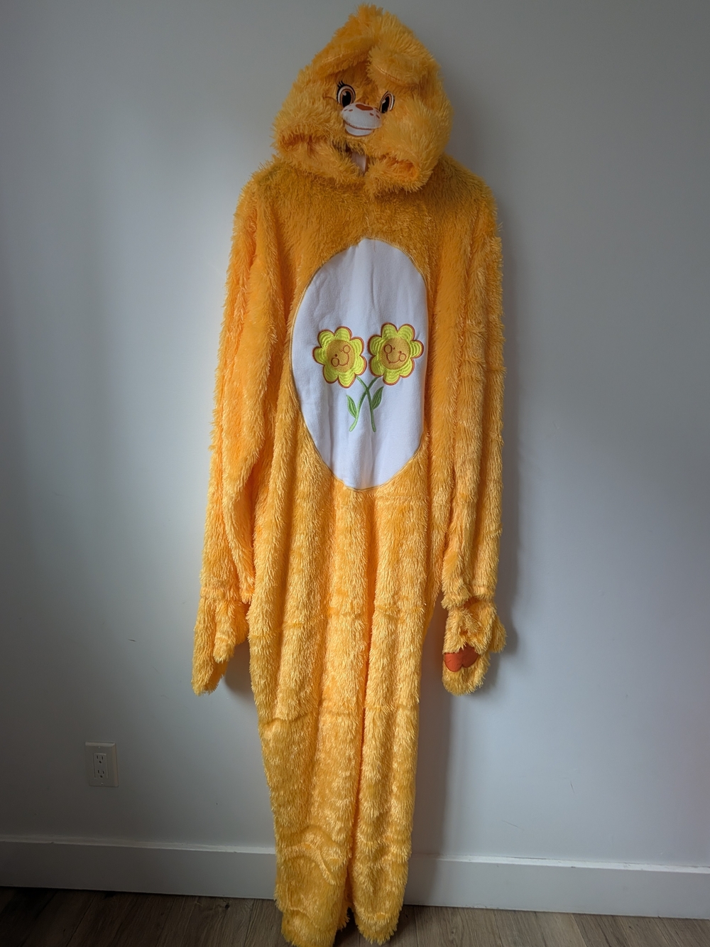 Care Bears Yellow Plush Adult Animal Costume with Flower Belly Hood